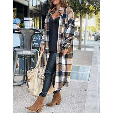 UANEO Plaid Coat Women Button Down Long Plaid Jacket Fall Flannel Trench Coat (Khaki-XXL)