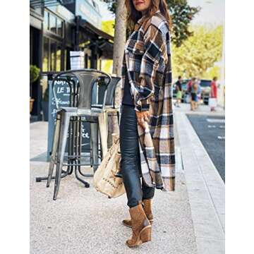 UANEO Plaid Coat Women Button Down Long Plaid Jacket Fall Flannel Trench Coat (Khaki-XXL)