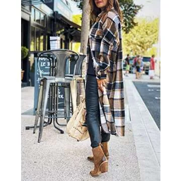 UANEO Plaid Coat Women Button Down Long Plaid Jacket Fall Flannel Trench Coat (Khaki-XXL)