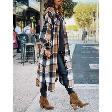 UANEO Plaid Coat Women Button Down Long Plaid Jacket Fall Flannel Trench Coat (Khaki-XXL)