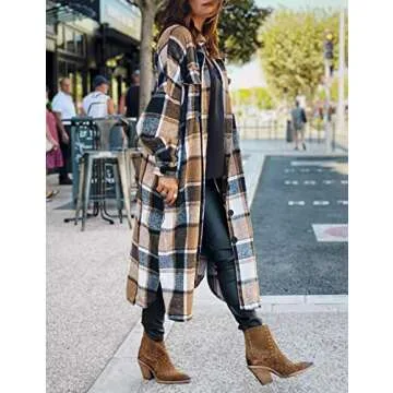 UANEO Plaid Coat Women Button Down Long Plaid Jacket Fall Flannel Trench Coat (Khaki-XXL)