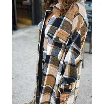 UANEO Plaid Coat Women Button Down Long Plaid Jacket Fall Flannel Trench Coat (Khaki-XXL)