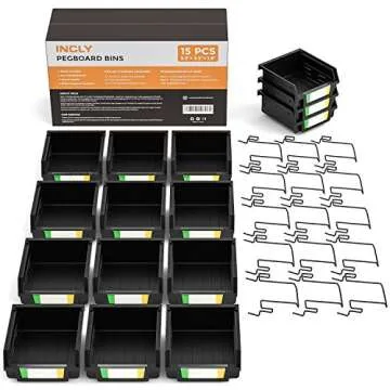 INCLY 15 Pack Black Plastic Pegboard Bins Storage Set Hooks to Any Peg Board Organize Hardware, Accessories, Attachment, Small Parts, Workbench, Garage Storage, Craft Room, Tool Shed, Hobby Supplies