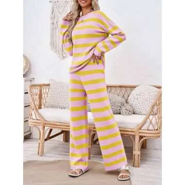 Tankaneo Womens Striped Sweater Sets 2 Piece Lounge Sets Oversized Long Sleeve Tops and Pants Matching Set Tracksuit