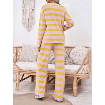 Tankaneo Womens Striped Sweater Sets 2 Piece Lounge Sets Oversized Long Sleeve Tops and Pants Matching Set Tracksuit