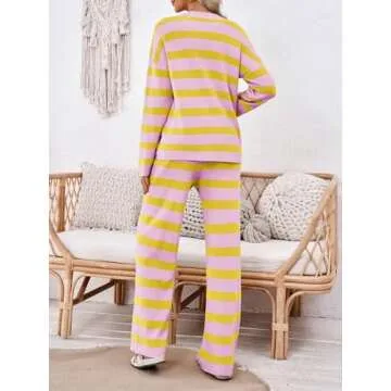 Tankaneo Womens Striped Sweater Sets 2 Piece Lounge Sets Oversized Long Sleeve Tops and Pants Matching Set Tracksuit
