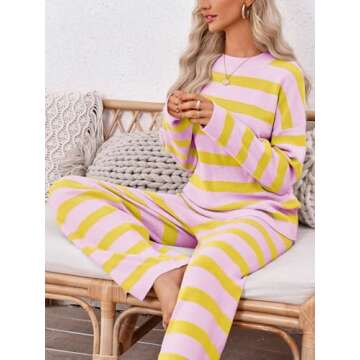 Tankaneo Womens Striped Sweater Sets 2 Piece Lounge Sets Oversized Long Sleeve Tops and Pants Matching Set Tracksuit