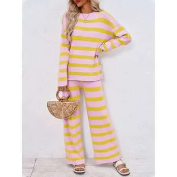 Tankaneo Womens Striped Sweater Sets 2 Piece Lounge Sets Oversized Long Sleeve Tops and Pants Matching Set Tracksuit