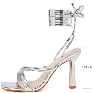 Mostrin Silver Strappy Heels for Women Lace Up Heels Tie Up Stiletto Heeled Sandals Square Open Toe ...