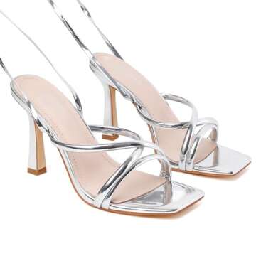 Mostrin Silver Strappy Heels for Women Lace Up Heels Tie Up Stiletto Heeled Sandals Square Open Toe High Heels for Prom, Party and Weddings Size 6.5