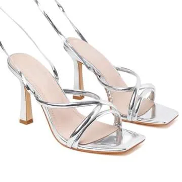 Mostrin Silver Strappy Heels for Women Lace Up Heels Tie Up Stiletto Heeled Sandals Square Open Toe High Heels for Prom, Party and Weddings Size 6.5