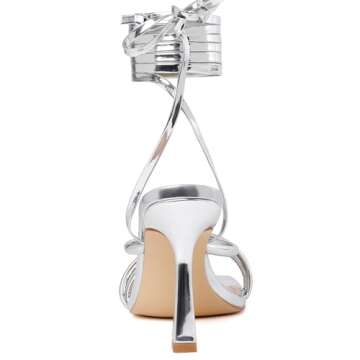 Mostrin Silver Strappy Heels for Women Lace Up Heels Tie Up Stiletto Heeled Sandals Square Open Toe High Heels for Prom, Party and Weddings Size 6.5