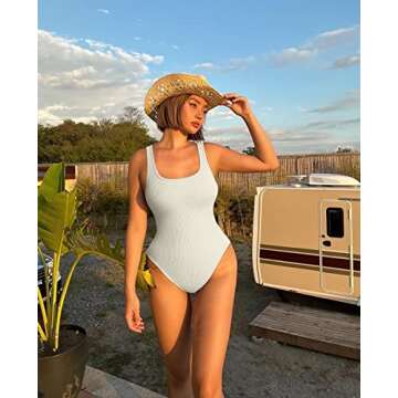 OQQ Women's 3 Piece Yoga Ribbed One Sleeveless Tummy Control Top BodySuit, Black Coffee Beige, Medium