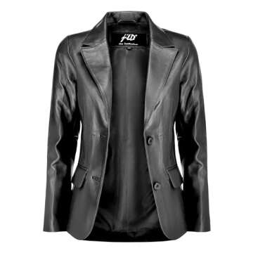 Jild Classic 2-Button Lambskin Leather Blazer Women - Casual Coat Long Sleeves Suit Style Leather Ja...