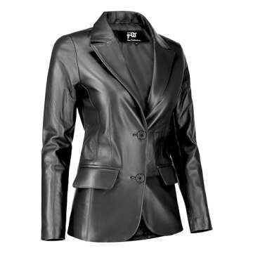 Jild Classic 2-Button Lambskin Leather Blazer Women - Casual Coat Long Sleeves Suit Style Leather Jacket Women (LC-BLK-M)