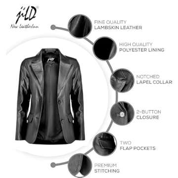 Jild Classic 2-Button Lambskin Leather Blazer Women - Casual Coat Long Sleeves Suit Style Leather Jacket Women (LC-BLK-M)