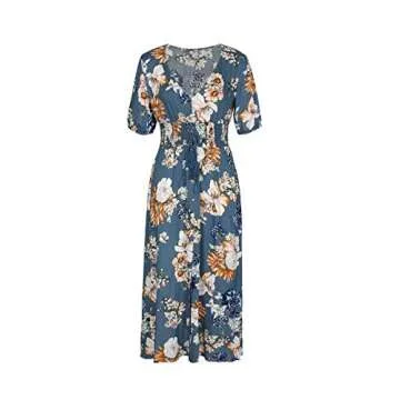 BROVAVE Womens Summer Casual Short Sleeve Floral Print Bohemian V Neck Flowy Maxi Dress with Slit (Blue, s)