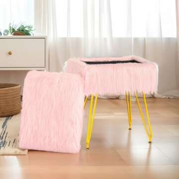 MOOWIND Vanity Stool Chair with Storage, Soft Ottoman Seat Vanity Stool with Anti-Slip Feet, Fluffy ...