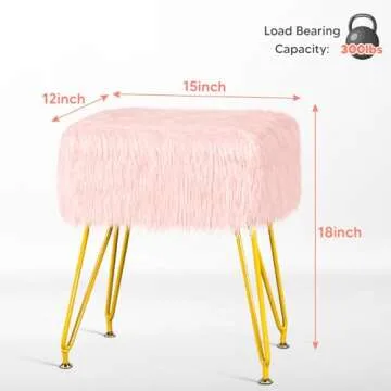 MOOWIND Vanity Stool Chair with Storage, Soft Ottoman Seat Vanity Stool with Anti-Slip Feet, Fluffy Padded Seat Multifunctional Footrest Side Table with 4 Metal Legs for Makeup, Bedroom, Pink