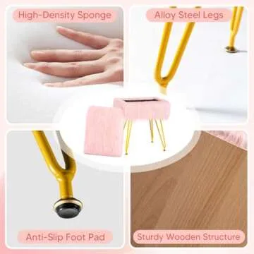 MOOWIND Vanity Stool Chair with Storage, Soft Ottoman Seat Vanity Stool with Anti-Slip Feet, Fluffy Padded Seat Multifunctional Footrest Side Table with 4 Metal Legs for Makeup, Bedroom, Pink