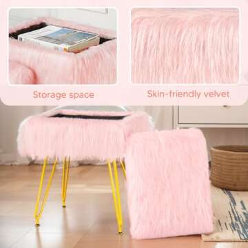 MOOWIND Vanity Stool Chair with Storage, Soft Ottoman Seat Vanity Stool with Anti-Slip Feet, Fluffy Padded Seat Multifunctional Footrest Side Table with 4 Metal Legs for Makeup, Bedroom, Pink