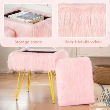 MOOWIND Vanity Stool Chair with Storage, Soft Ottoman Seat Vanity Stool with Anti-Slip Feet, Fluffy Padded Seat Multifunctional Footrest Side Table with 4 Metal Legs for Makeup, Bedroom, Pink