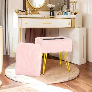 MOOWIND Vanity Stool Chair with Storage, Soft Ottoman Seat Vanity Stool with Anti-Slip Feet, Fluffy Padded Seat Multifunctional Footrest Side Table with 4 Metal Legs for Makeup, Bedroom, Pink