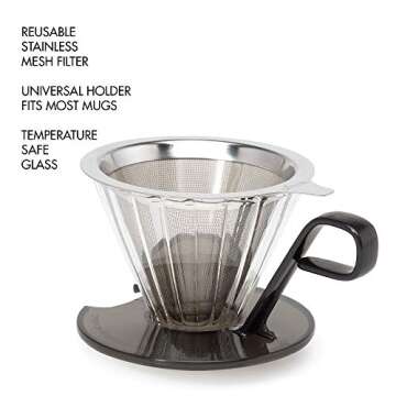Primula Seneca Pour Over Coffee Maker Removable Ultra Fine Micro Mesh Stainless Steel Filter, 4.8 x 4.8 x 4.8 inches, Black