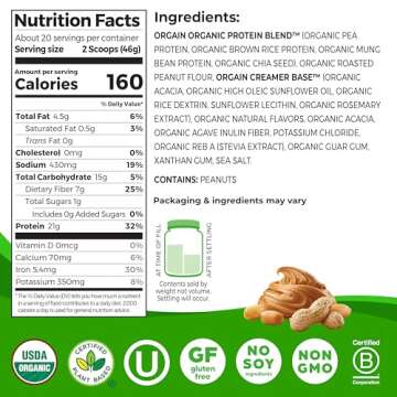 Orgain Organic Vegan Protein Powder, Peanut Butter - 21g Plant Based Protein, 7g Prebiotic Fiber, No Lactose Ingredients, No Added Sugar, Non-GMO, For Shakes & Smoothies, 2.03 lb (Packaging May Vary)