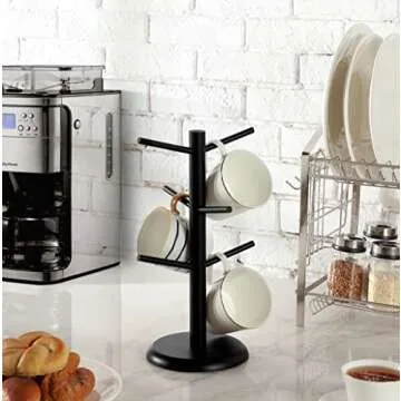 Dorhors Mug Tree,Coffee Cup Holder with 6 Hooks,Wood Mug Holder for Counter,Coffee Bar Accessories a...