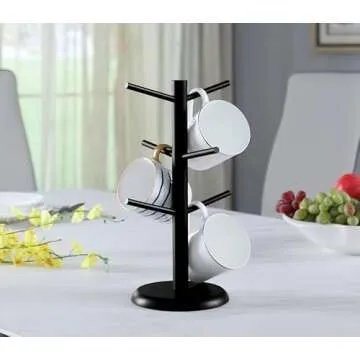 Dorhors Mug Tree,Coffee Cup Holder with 6 Hooks,Wood Mug Holder for Counter,Coffee Bar Accessories and Orgnizer station (Balck)