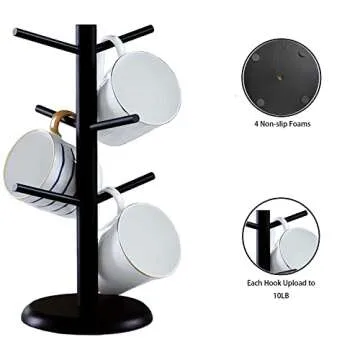 Dorhors Mug Tree,Coffee Cup Holder with 6 Hooks,Wood Mug Holder for Counter,Coffee Bar Accessories and Orgnizer station (Balck)