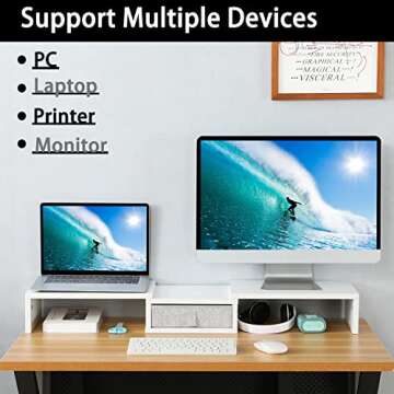 TEAMIX White Dual Monitor Stand Riser with Drawer - Length and Angle Adjustable Double Corner Desk S...