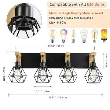 4-Light Farmhouse Vanity Light for Bathroom, Wood Bathroom Light Fixtures Over Mirror, Rustic Sconces Wall Lighting with Elegant Metal Lampshade for Living Room, Bedroom, Hallway
