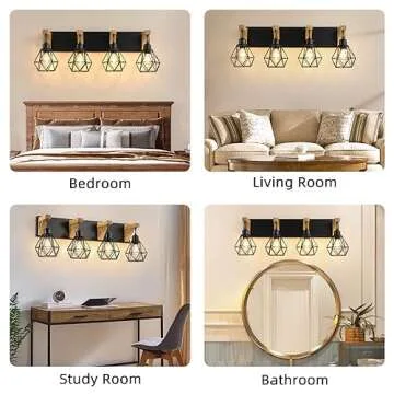 4-Light Farmhouse Vanity Light for Bathroom, Wood Bathroom Light Fixtures Over Mirror, Rustic Sconces Wall Lighting with Elegant Metal Lampshade for Living Room, Bedroom, Hallway