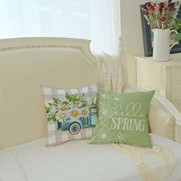 GEEORY Pillow Covers 18x18 Set of 4 Buffalo Plaid Daisy Truck Bloom Hello Sunshine Spring Pillows Decorative Throw Pillows Light Green Pillowcase Spring Decorations Farmhouse Decor for Couch Sofa