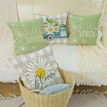 GEEORY Pillow Covers 18x18 Set of 4 Buffalo Plaid Daisy Truck Bloom Hello Sunshine Spring Pillows Decorative Throw Pillows Light Green Pillowcase Spring Decorations Farmhouse Decor for Couch Sofa