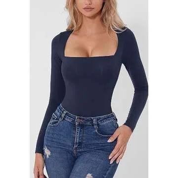 QINSEN Bodysuit for Women Long Sleeve Sexy Square Neck Double Lined Shirt Estate Blue L