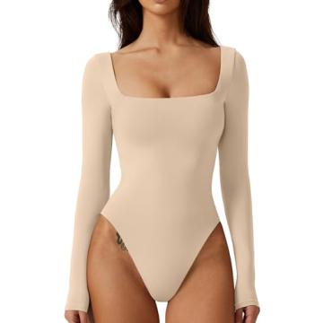 QINSEN Womens Sexy Square Neck Double Lined Long Sleeve Bodysuit Tops Shapewer Marzipan S