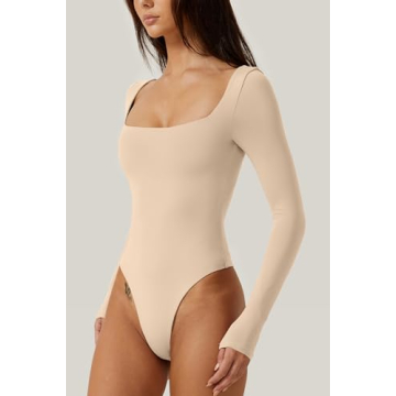 QINSEN Women's Sexy Square Neck Long Sleeve Bodysuit