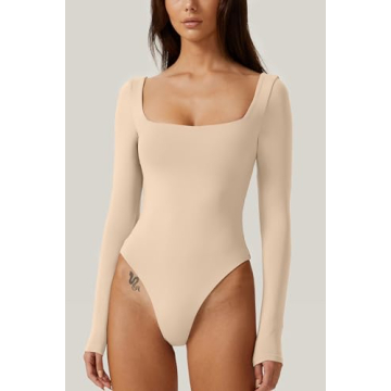 QINSEN Women's Sexy Square Neck Long Sleeve Bodysuit