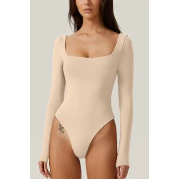 QINSEN Women's Sexy Square Neck Long Sleeve Bodysuit