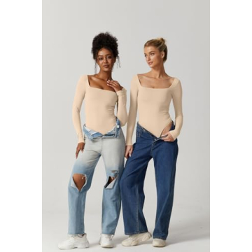 QINSEN Women's Sexy Square Neck Long Sleeve Bodysuit