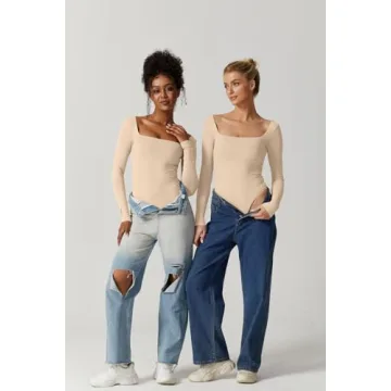 QINSEN Women's Sexy Square Neck Long Sleeve Bodysuit