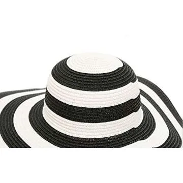 Itopfox Womens Beachwear Sun Hat Striped Straw Hat Floppy Big Brim Hat Black,One Size(22inch-22.8inch Circumference)