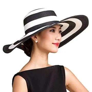 Itopfox Womens Beachwear Sun Hat Striped Straw Hat Floppy Big Brim Hat Black,One Size(22inch-22.8inch Circumference)