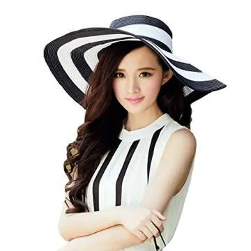 Itopfox Womens Beachwear Sun Hat Striped Straw Hat Floppy Big Brim Hat Black,One Size(22inch-22.8inch Circumference)