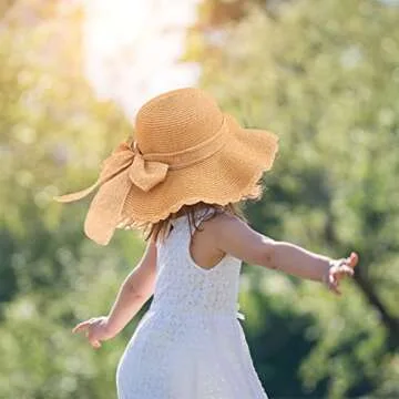 Kids Girl Summer Straw Hat Foldable Wide Brim Cap Sun Visor Hats Sun Protection Beach Straw Hats Bowknot Floppy Cap for Travel Holiday (Khaki)