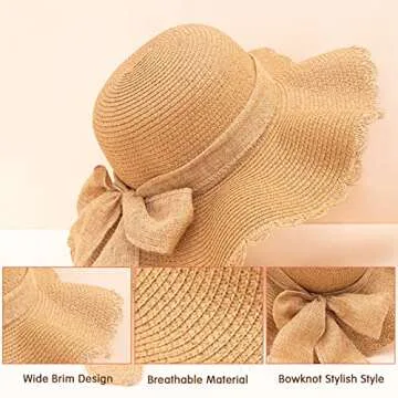 Kids Girl Summer Straw Hat Foldable Wide Brim Cap Sun Visor Hats Sun Protection Beach Straw Hats Bowknot Floppy Cap for Travel Holiday (Khaki)