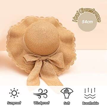 Kids Girl Summer Straw Hat Foldable Wide Brim Cap Sun Visor Hats Sun Protection Beach Straw Hats Bowknot Floppy Cap for Travel Holiday (Khaki)